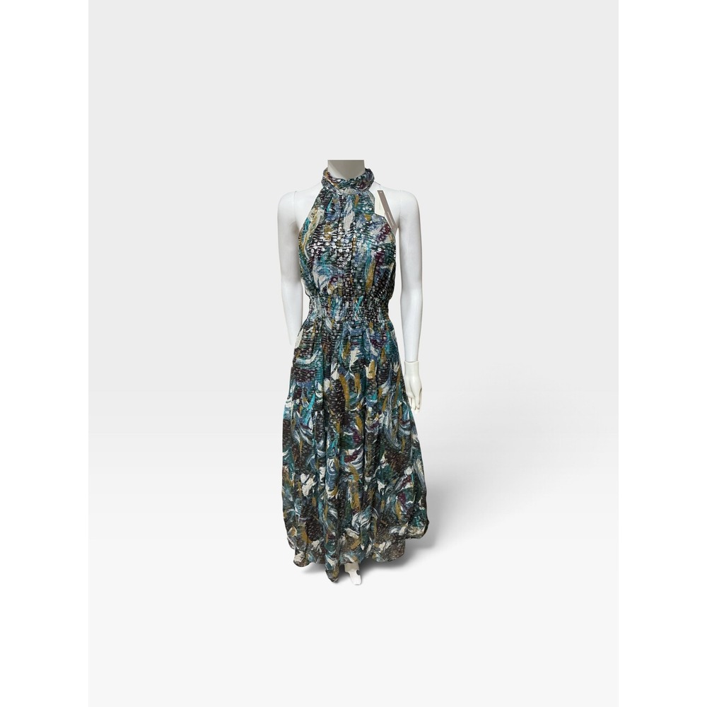 Anthropologie XS Maxi Dress Metallic Abstract Print Halter Neck NWT $188